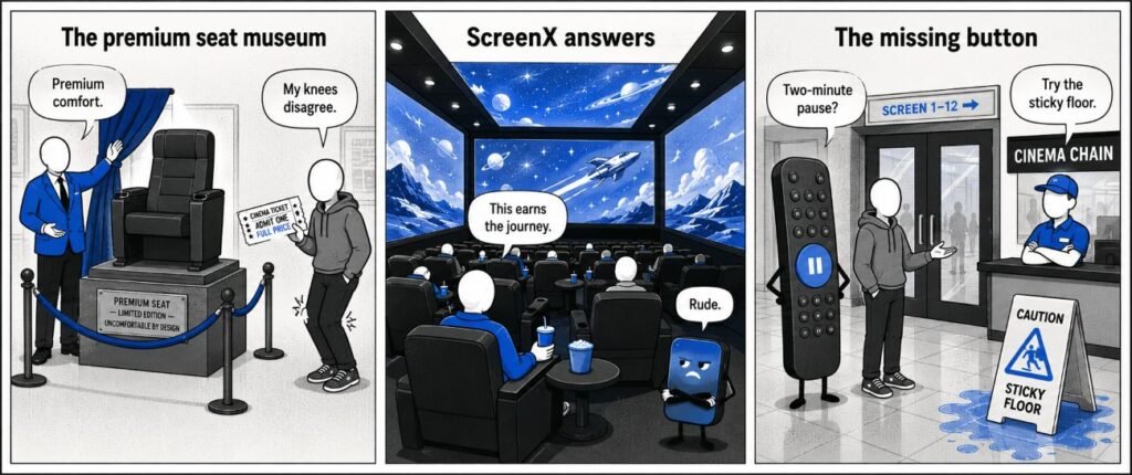 A three-panel comic shows an uncomfortable premium cinema seat, an audience surrounded by four projection surfaces and a pause remote outside a cinema.