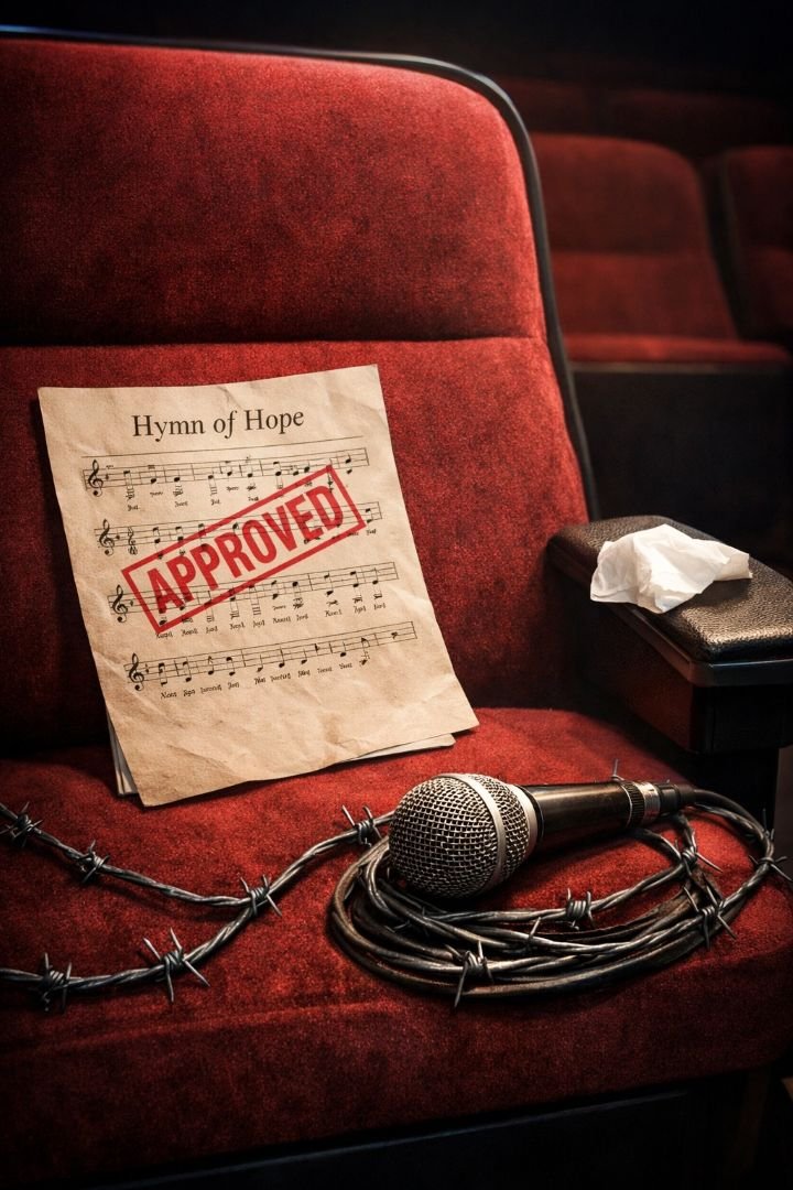 A cinema seat with a paper hymn sheet on it, a tissue on the armrest, and a microphone cable coiled in the foreground.
