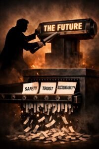 A silhouetted person pulls a large lever labelled "THE FUTURE" above a shredder that is destroying papers labelled "SAFETY", "TRUST", and "ACCOUNTABILITY".