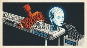 A stylised factory line shows a conveyor belt entering an AI-shaped machine, with a blocked "VERIFY" stamp mechanism and papers spilling out from the output chute.