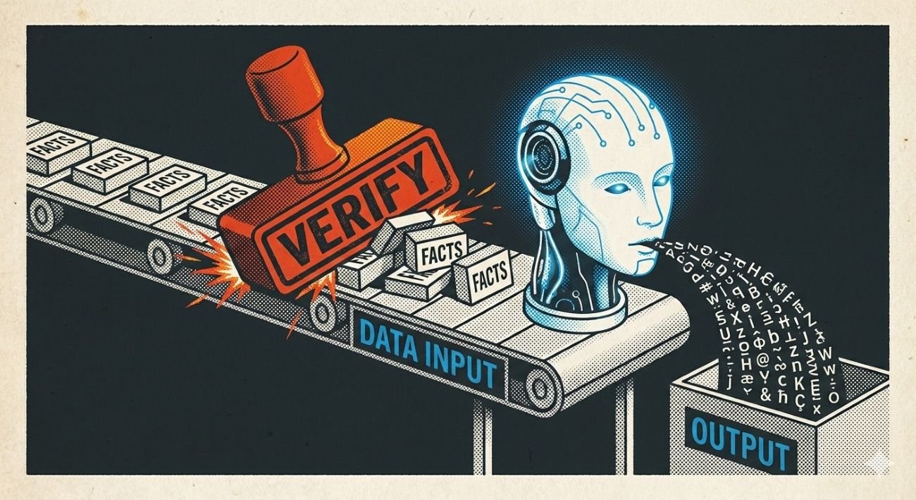 A stylised factory line shows a conveyor belt entering an AI-shaped machine, with a blocked "VERIFY" stamp mechanism and papers spilling out from the output chute.