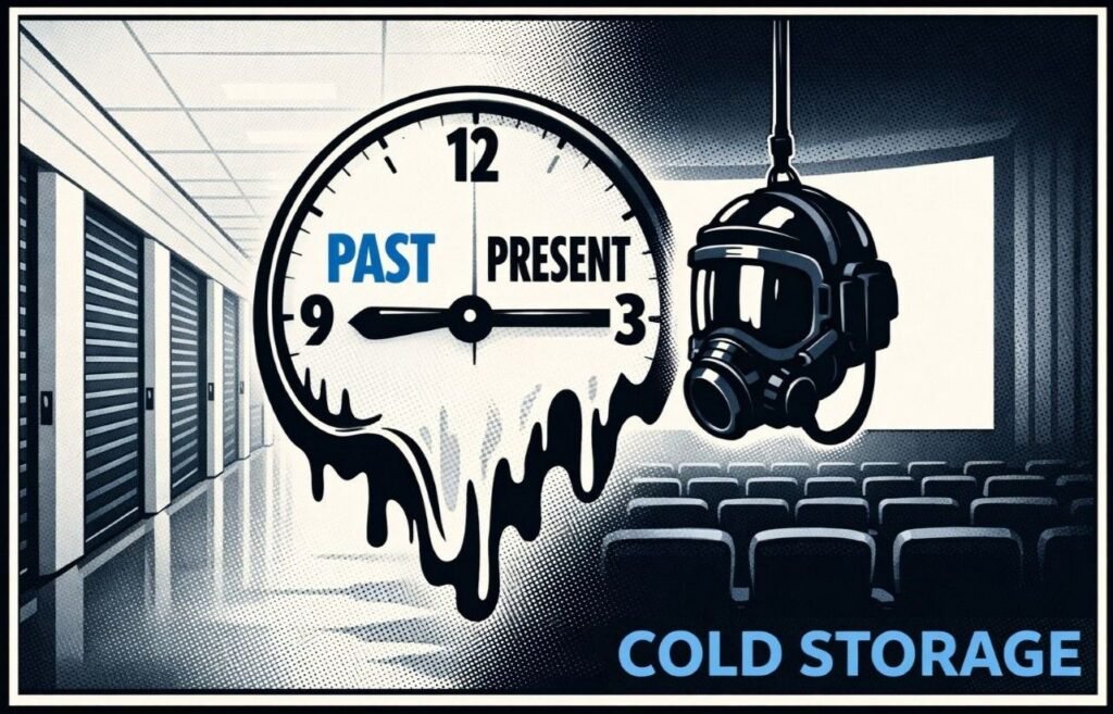 A self-storage corridor blends into a cinema screen, with a melting wall clock labelled past and present and a dangling hazmat helmet camera.