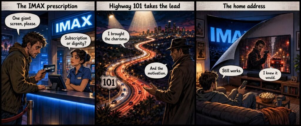 A three-panel comic shows a tired viewer buying an IMAX ticket, Highway 101 under a spotlight and an IMAX screen folding into a television.