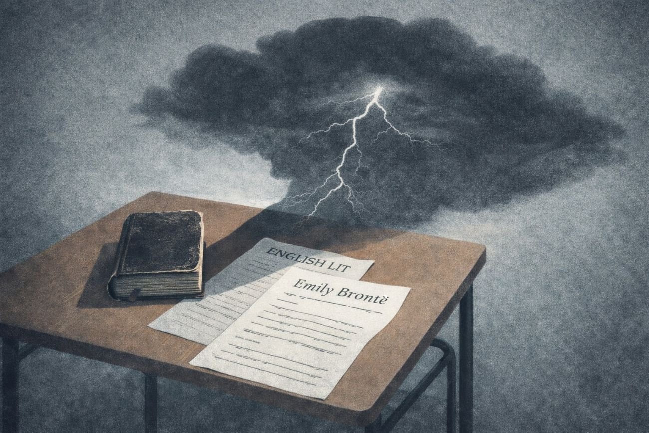 A worn book on a desk beside exam papers, with a large shadow falling across the papers.