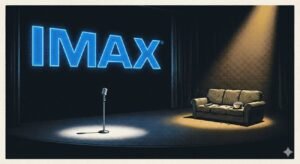 A large cinema screen and stage with a small microphone at centre, and a sofa placed off to one side in the background.