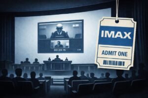 A cavernous IMAX auditorium turned into a courtroom, with a giant screen showing a tiny laptop-style trial window, and a dangling "IMAX" ticket like evidence on a string.