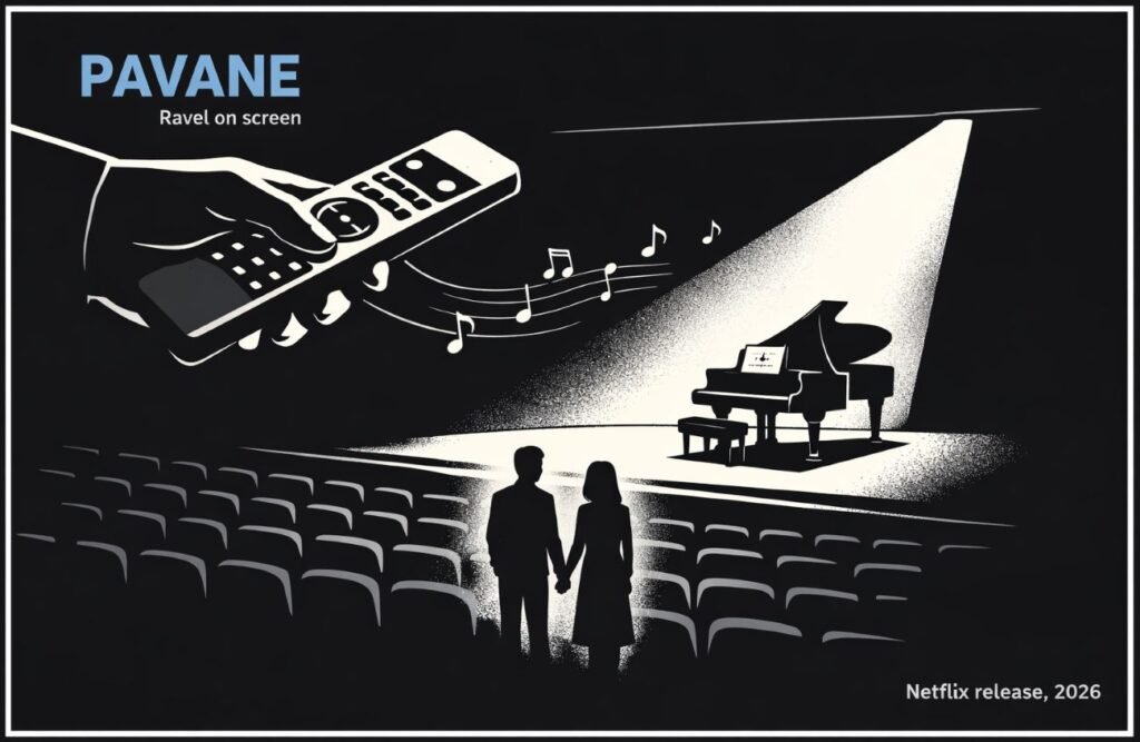 A cinema auditorium with a grand piano on the stage and a large remote control held above it like a conductor's baton, with empty seats in the background.