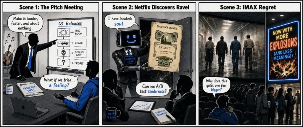 A three-panel comic shows a film executive demanding louder releases, an algorithm presenting an old Ravel score in a boardroom, and a cinema screen showing four workers in a basement corridor beside a neon explosion poster.