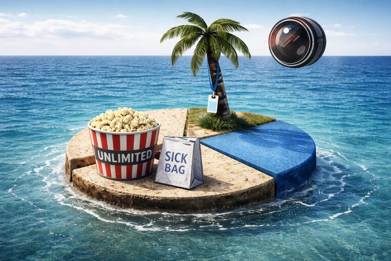 A small desert island with a palm tree and a corporate lanyard hanging from it. A popcorn bucket and a sick bag sit on the sand in the foreground.