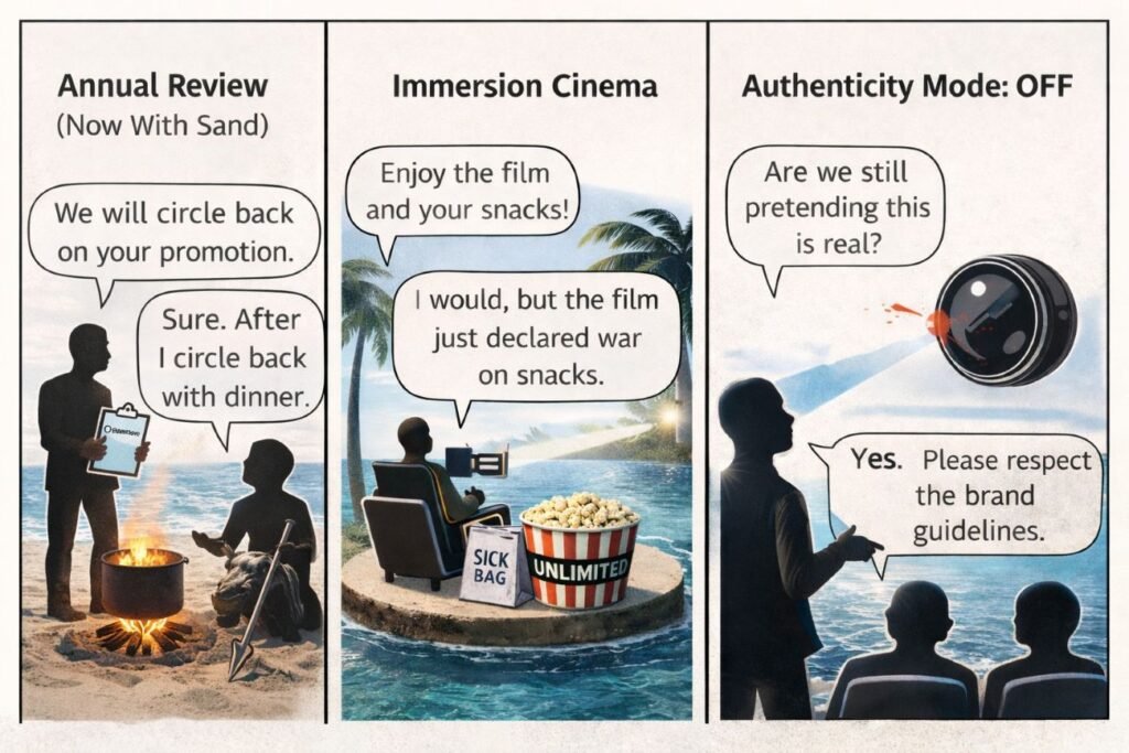 Editorial sketch for "Send Help (2026): Corporate Hell Meets Desert Island Comedy".