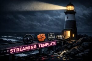 A lighthouse on a stormy coast with a conveyor belt of action-movie props entering the door, including a steering wheel, a fist icon, an MI6 badge, and a dog bowl.