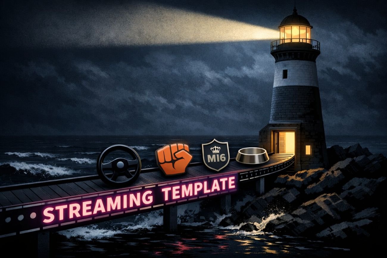 A lighthouse on a stormy coast with a conveyor belt of action-movie props entering the door, including a steering wheel, a fist icon, an MI6 badge, and a dog bowl.