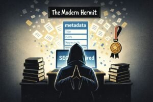 A hooded silhouette sits at a laptop under a "The Modern Hermit" sign, with speech bubbles about keywords and learning Korean, plus stacks of books and sticky notes.
