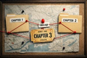 A corkboard map shows two labelled folders, "Chapter 1" and "Chapter 2", connected by string to a worn cinema ticket stamped "Chapter 3".