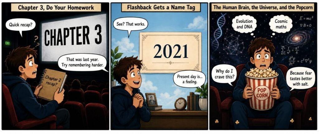 Three-panel comic about The Strangers: Chapter 3, showing a confused cinema viewer asking for a recap, a clear 2021 flashback card, and the same viewer clutching popcorn while thinking about evolution, DNA and cosmic maths.