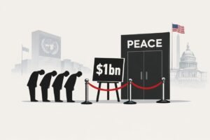 A velvet rope blocks an entrance labelled "PEACE" with a sign showing "$1bn", while a faded UN-style building is visible in the background.