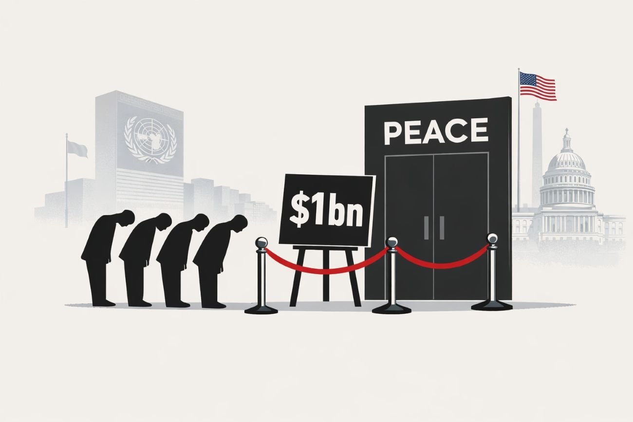A velvet rope blocks an entrance labelled "PEACE" with a sign showing "$1bn", while a faded UN-style building is visible in the background.