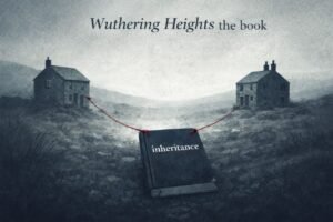 Two houses on a moor with a thin thread stretched between them and a heavy book pulling it towards the ground.