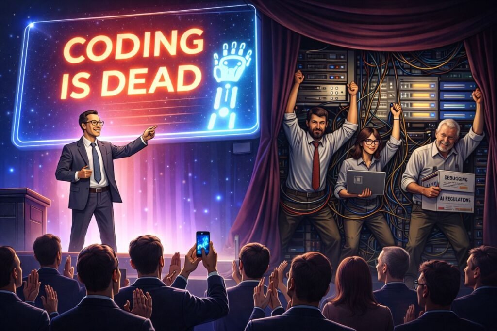 A conference speaker stands in front of a large screen claiming coding is dead, while behind the stage several engineers hold up cables, servers, manuals and paperwork to keep the system running.