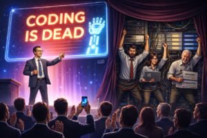 A conference speaker stands in front of a large screen claiming coding is dead, while behind the stage several engineers hold up cables, servers, manuals and paperwork to keep the system running.