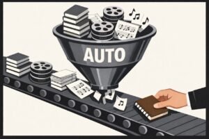 A conveyor belt feeds stacks of identical books, film reels, and music notes into a large funnel labelled "AUTO", while a hand removes one small notebook to the side.