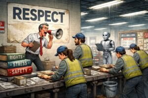 Workers stand on a factory production line while a manager shouts with a clipboard under a poster about respect. In the background, a robot stands near a leaking roof and a pile of workplace rulebooks.