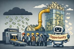 An editorial illustration showing workers receiving small coins from a payroll machine while money flows up into a glass tower. A robot in front holds a banner that says "Opportunity" as bills gather around the workers.