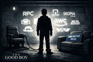 A teenage silhouette stands in a basement-like room facing a wall of glowing production logos. A cinema seat is fixed to the floor and a sofa sits nearby with an Unlimited pass card visible.