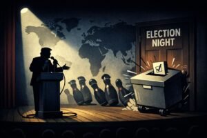 A political podium stands under a stage spotlight while dictator-shaped bowling pins fall in the background. A large ballot box crashes against a closed door labelled "Election Night".