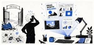 A tired person stands beside a glowing desk while generated visual layouts, diagrams, and comic panels appear above it. An open gate is visible in the background.