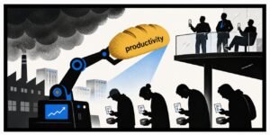 A robot arm in a factory holds up a large loaf while executives stand behind glass on an upper balcony. Workers below hold certificates and empty food tins as dark clouds hang over office buildings in the background.