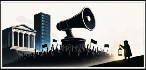 Minimal editorial illustration showing a crowd around a political megaphone near a Greek temple and an AI server tower. A small figure with a lantern stands apart from the crowd.