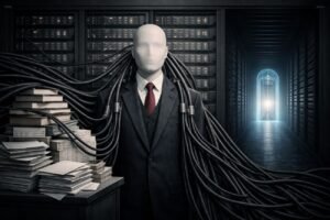 A faceless mannequin made of cables and stacked papers stands in front of server racks. In the distance, a glowing quantum doorway appears at the end of a dark corridor.