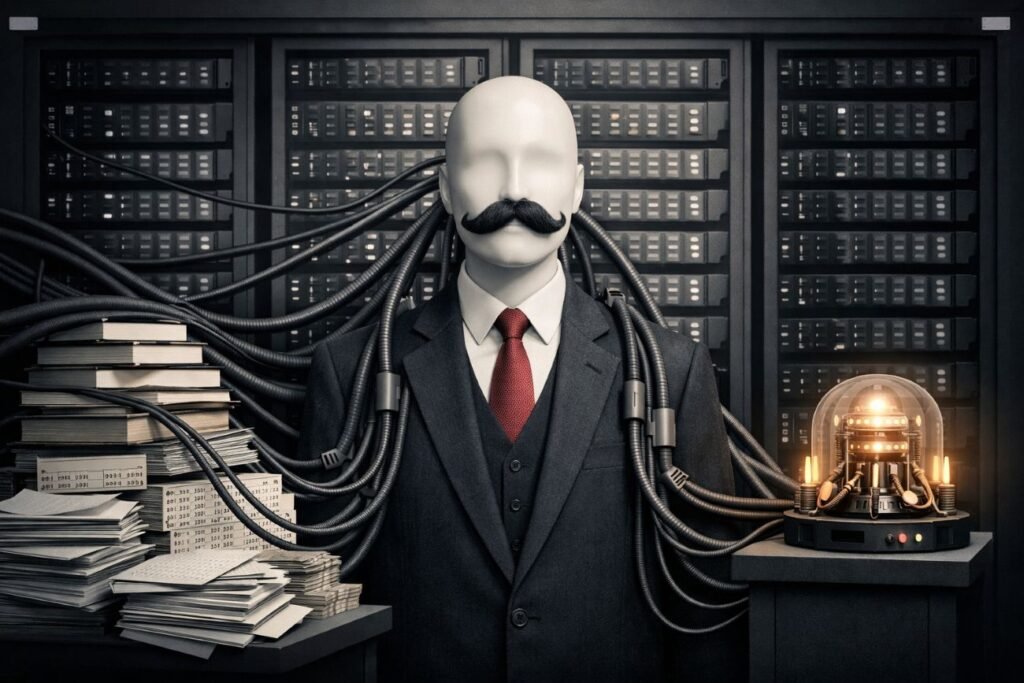A mannequin with a fake moustache stands in front of server racks while cables connect it to stacks of books, papers and charts. A small quantum device with warning lights sits nearby.