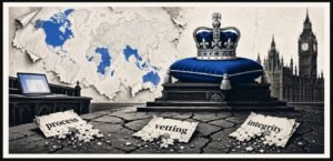 A crown is displayed above scattered political papers on a cracked floor. A faded map and a glowing laptop appear in the background.