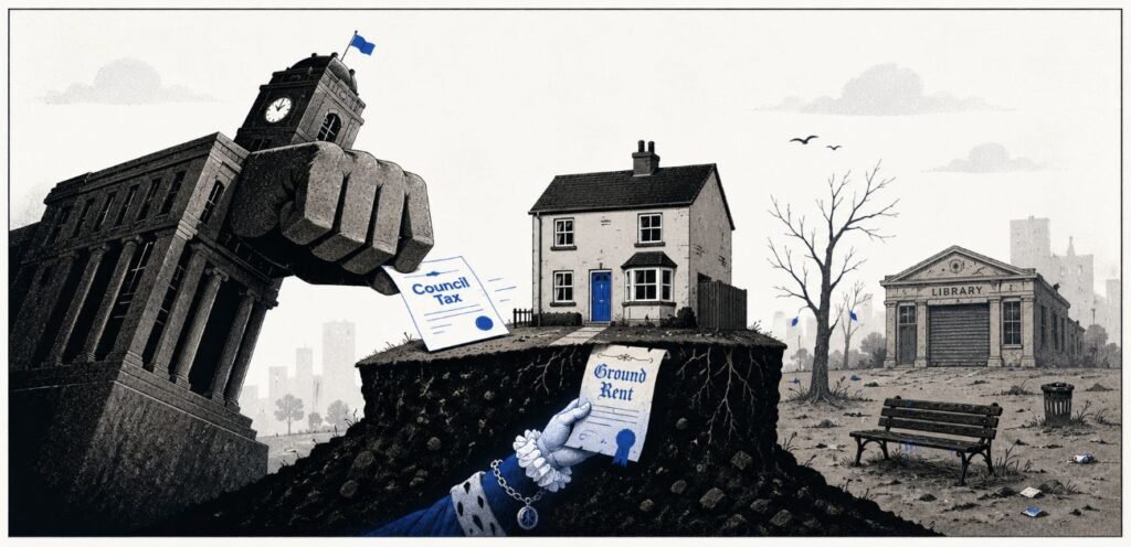 A symbolic town hall shaped like a large fist looms over a small house covered in council tax letters. A closed library, an empty park, and distant wealthy silhouettes appear in the background.