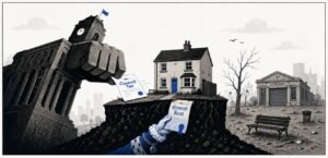A symbolic town hall shaped like a large fist looms over a small house covered in council tax letters. A closed library, an empty park, and distant wealthy silhouettes appear in the background.