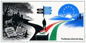 An airport arrivals hall with travellers carrying suitcases toward a gate marked "Freedom" while large shadowy strongman figures appear on overhead billboards. Politicians stand in the background counting money near a damaged integration sign.