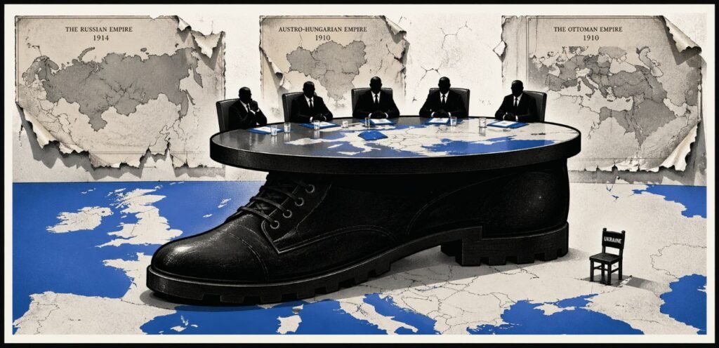A minimalist editorial image showing a boot-shaped negotiation table over a map of Europe, with a small Ukraine chair placed near the edge and old maps on the wall.