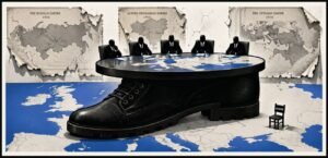 A minimalist editorial image showing a boot-shaped negotiation table over a map of Europe, with a small Ukraine chair placed near the edge and old maps on the wall.