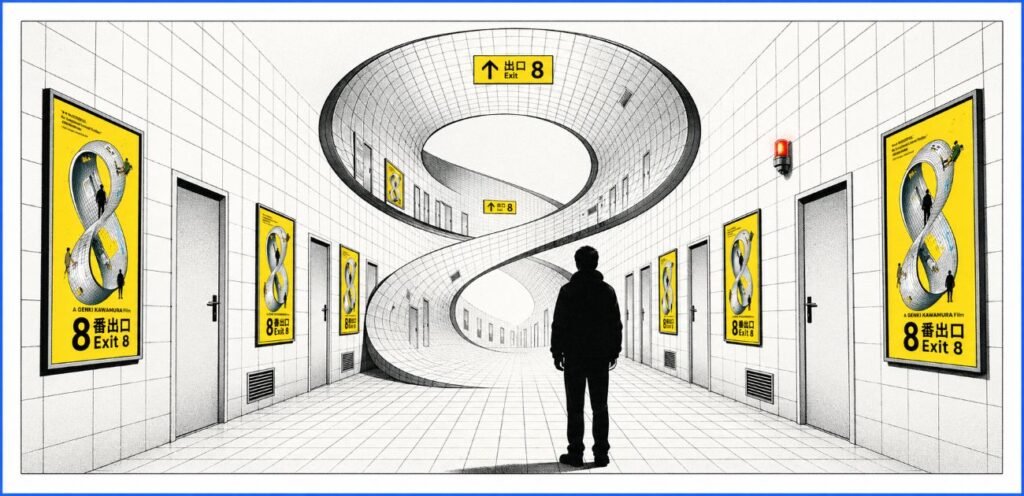 A lone figure stands in a bright white tiled subway corridor shaped like the number 8. Repeating posters, doors, and vents line the walls.
