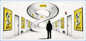 A lone figure stands in a bright white tiled subway corridor shaped like the number 8. Repeating posters, doors, and vents line the walls.