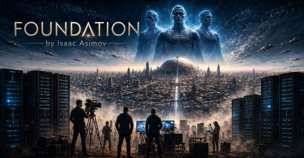A giant futuristic city spreads across a planet beneath floating mathematical symbols. In the foreground, a small film crew stands beside tall server towers, while three imperial silhouettes loom over the skyline.