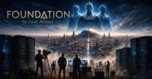 A giant futuristic city spreads across a planet beneath floating mathematical symbols. In the foreground, a small film crew stands beside tall server towers, while three imperial silhouettes loom over the skyline.