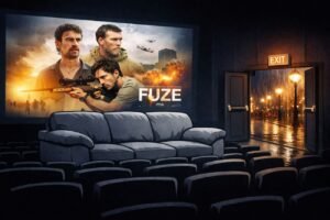 A cinema auditorium with a large sofa placed among standard seats, facing a screen. Beyond the exit, a rainy city street is visible at night.