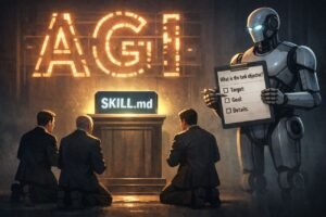Three suited figures stand around a glowing pedestal marked SKILL.md while a humanoid robot holds a clipboard. A large AGI sign hangs in the background with some lights flickering.