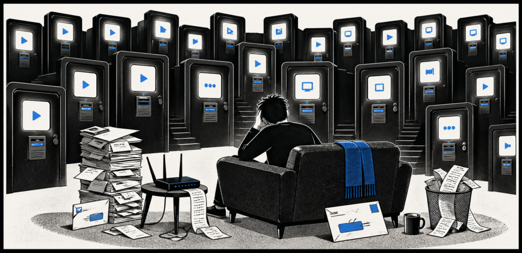 A person sits on a sofa facing many glowing streaming app doors, with bills and a router around them. The image represents the rising cost and fragmentation of entertainment subscriptions.
