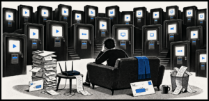 A person sits on a sofa facing many glowing streaming app doors, with bills and a router around them. The image represents the rising cost and fragmentation of entertainment subscriptions.