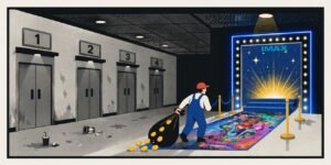 A cinema corridor shows many plain dark auditoriums and one bright premium screen entrance glowing at the end. Mario pulls a sack of coins towards the premium doorway.