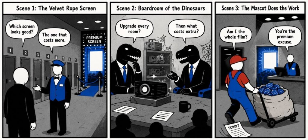 A 3-panel comic shows a premium cinema screen, executives guarding upgrades, and a plumber-shaped figure pulling a ticket cart.